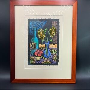 A. Hagan Orig Linoleum Block & Acrylic "Sunflowers” Framed Signed Maryland Art